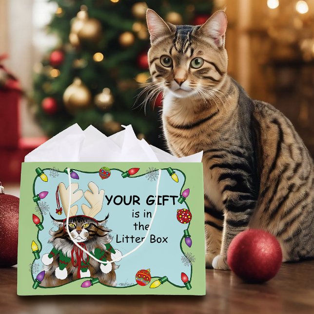  Christmas Gift Cat Green Funny Large Gift Bag (Creator Uploaded)