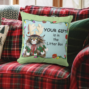 Christmas Gift Cat Green Funny Throw Pillow