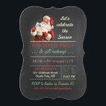 Christmas Gift Exchange Vintage Santa Chalkboard Invitation<br><div class="desc">christmas gift exchange party, vintage Santa Claus with gift/present, chalkboard style, santa red suit/hat/white beard, celebrate the season, holiday party template, red/green/beige retro colours, festive/fun/simple design, antique illustration/image/digital collage, vintage inspired/style/look/looking, fully customizable text template, green/white diagonal striped pattern. Fun gift exchange party design featuring antique illustration of Santa, in red...</div>