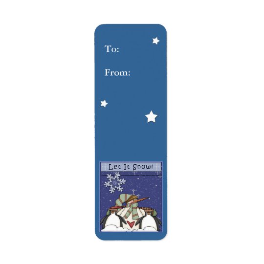 Christmas gift label with snowman and penguins return address label
