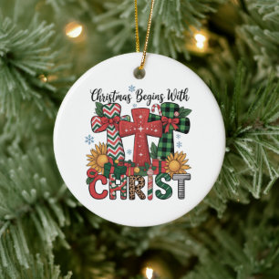 Christmas Gift Merry Xmas Plaid Religious Cross Ceramic Ornament