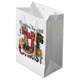 Christmas Gift Merry Xmas Plaid Religious Cross Medium Gift Bag