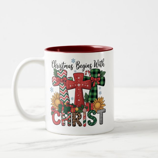 Christmas Gift Merry Xmas Plaid Religious Cross  Two-Tone Coffee Mug (Left)