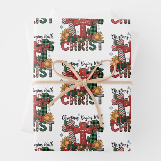 Christmas Gift Merry Xmas Plaid Religious Cross  Wrapping Paper Sheet (In situ)