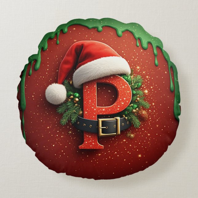 Christmas gift Monogram P with Santa Hat  Round Pillow (Front)