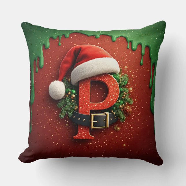 Christmas gift Monogram P with Santa Hat  Throw Pillow (Front)
