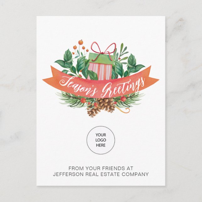 Christmas Gift Pine Wreath Company Logo Business  Holiday Postcard (Front)