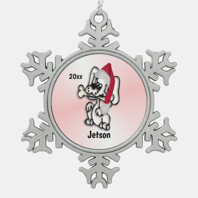 Christmas Gift Puppy Dog Personalized Snowflake Pewter Christmas Ornament (Front)