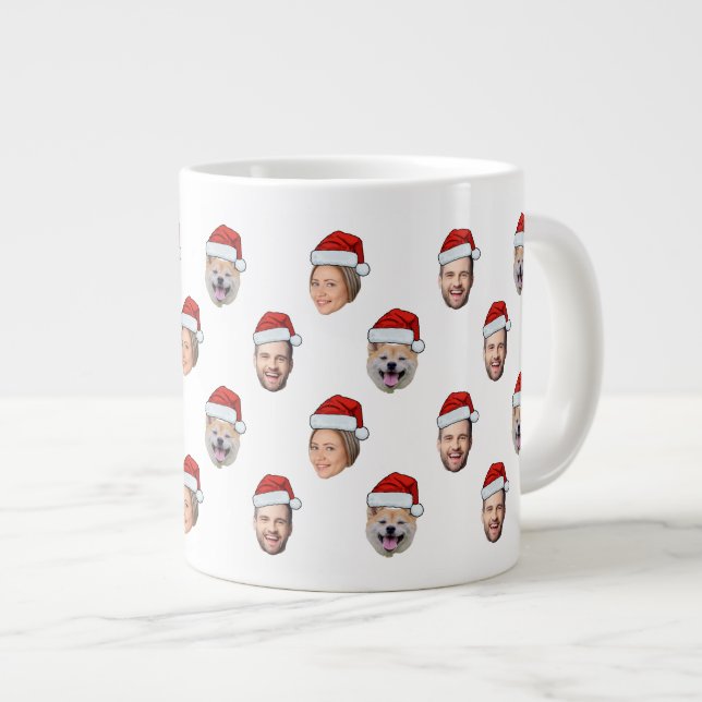 Christmas Gift Santa Hat Personalized Face 3 Photo Large Coffee Mug (Front Right)