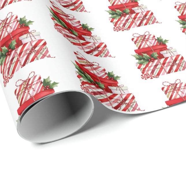 Christmas Gift Stack Candy Cane Stripes Wrapping Paper (Roll Corner)