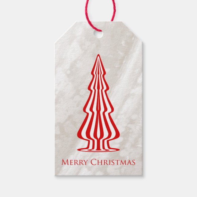 Christmas Gift Tag Red & White Tree on texture (Front)