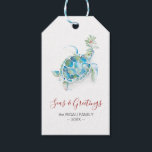 Christmas Gift Tags Cute Beach Seas & Greetings<br><div class="desc">These beach Christmas gift tags feature a cute yet simple watercolor sea turtle in shades of turquoise and green. The words "Seas and Greetings" are set in trendy script typography. Use the template fields to add your custom name. A beautiful choice for tropical and seaside holidays. Unique art and design...</div>