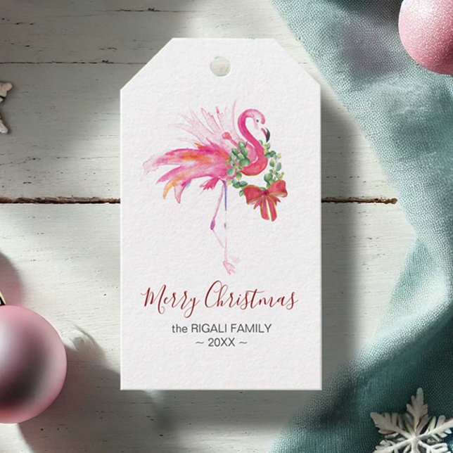 Christmas Gift Tags Cute Tropical Flamingo (Pink flamingo Christmas tags feature watercolor tropical art by Victoria Grigaliunas Do Tell A Belle)