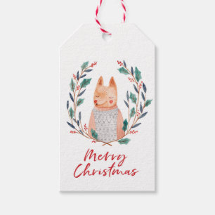 Christmas gift tags watercolour fox and wreath