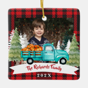 Christmas  Gift Truck Tree Delivery Red Plaid Ceramic Ornament