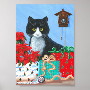 Christmas Gift Tuxedo Cat Poinsettias Creationarts Poster