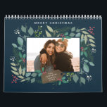 Christmas Gift Winter Foliage Navy Blue Photo Calendar<br><div class="desc">Original hand drawn winter wreath with eucalyptus,  holly,  mistletoe photo frame; with full bleed photos on each page and back side.</div>
