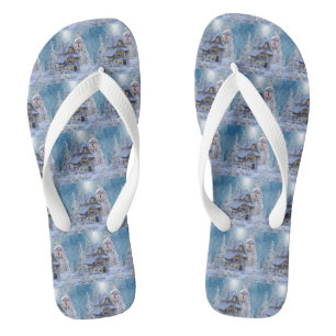 Christmas Gift Winter White Snowman Blue Rustic Flip Flops