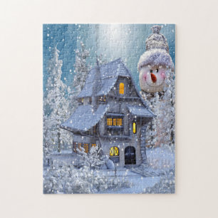 Christmas Gift Winter White Snowman Blue Rustic Jigsaw Puzzle