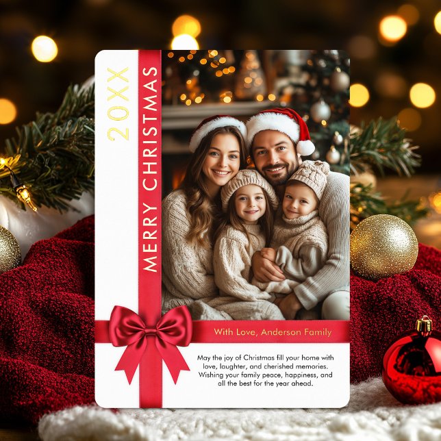 Christmas Gift Wrap Ribbon Family Photo Foil Holiday Card (Christmas Gift Wrap Ribbon Family Photo Foil Holid Foil Holiday Card)
