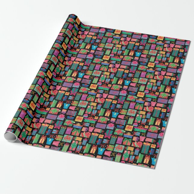 Christmas Gifts Pattern ,Whimsical colours on Blac Wrapping Paper (Unrolled)