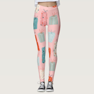 Christmas gifts, pink background, vintage pattern. leggings