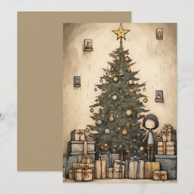 Christmas Gifts Under The Tree Illustration Holiday Card (Front/Back)
