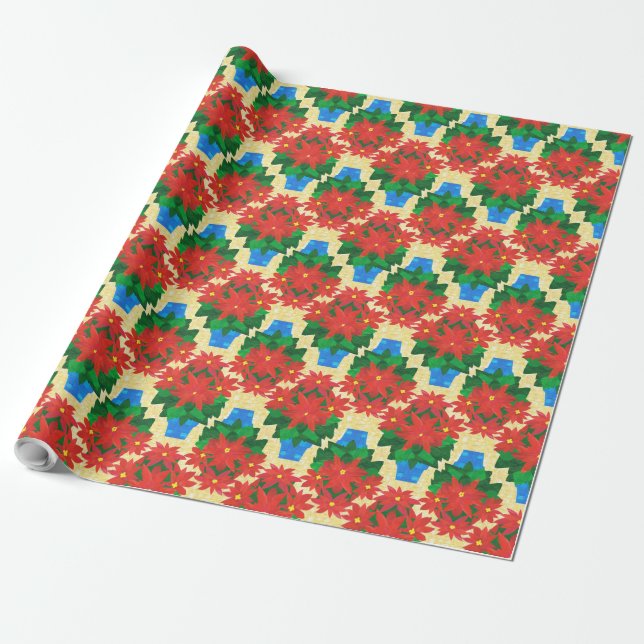Christmas Giftwrap: Poinsettias, Gold Background Wrapping Paper (Unrolled)