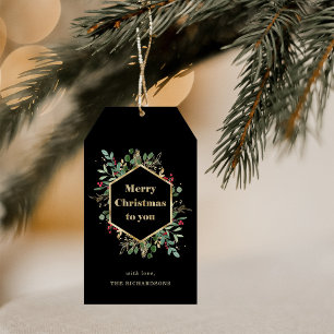 Christmas Gilded Greenery on Black   Holiday Gift Tags