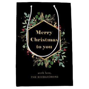 Christmas Gilded Greenery on Black   Holiday Medium Gift Bag