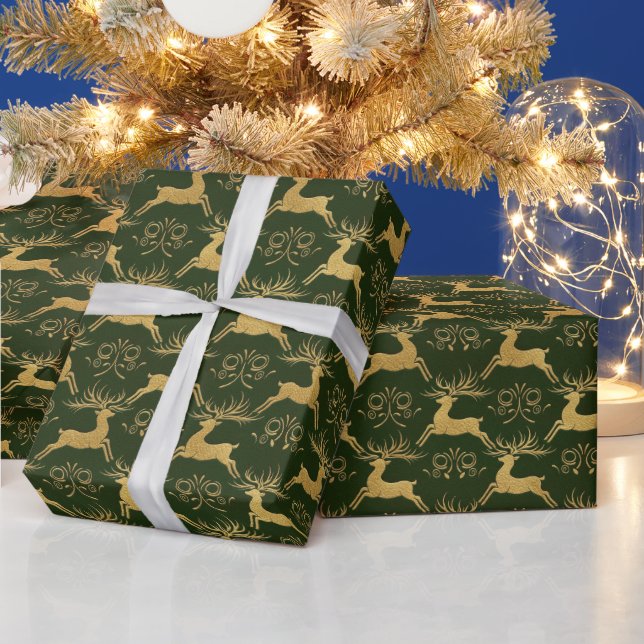 Christmas Gilded Leather Reindeer Green Wrapping Paper (Holidays)