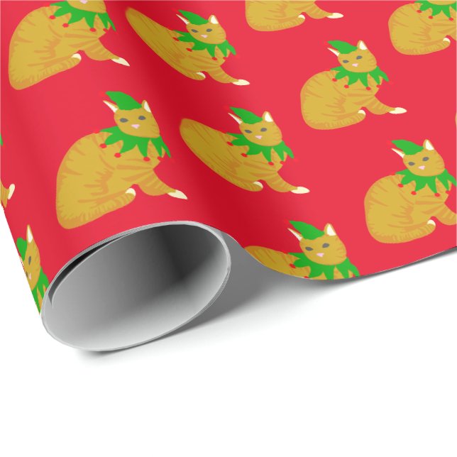 Christmas Ginger Cat in Elf Costume Red Green Wrapping Paper (Roll Corner)