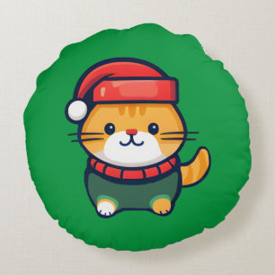 Christmas Ginger cat in Santa hat Round Pillow