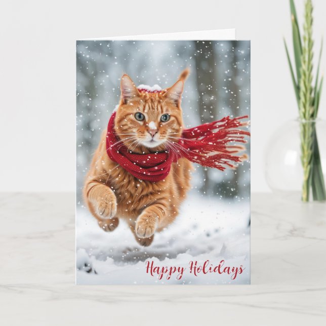 Christmas Ginger Cat in Snowflakes Holiday Card (Front)
