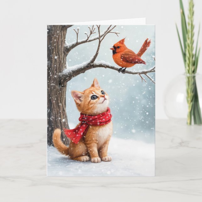 Christmas Ginger Kitty Watching a Cardinal Card (Front)