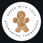 Christmas Gingerbread Baked with Love Classic Round Sticker<br><div class="desc">Custom sticker for the bakers and cooks that like to bake/cook and gift to others, or for those who do that professionally. There is an illustration of a gingerbread man in the middle. There is text that goes around in circle that says "baked with love". You can customize this product...</div>