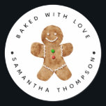 Christmas Gingerbread Baked with Love Classic Round Sticker<br><div class="desc">Custom sticker for the bakers and cooks that like to bake/cook and gift to others, or for those who do that professionally. There is an illustration of a gingerbread man in the middle. There is text that goes around in circle that says "baked with love". You can customize this product...</div>
