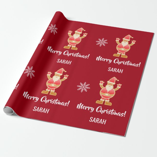 Christmas Gingerbread Brown Santa Personalize Name Wrapping Paper (Unrolled)