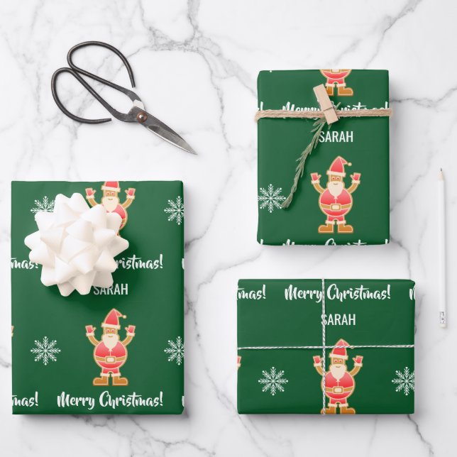 Christmas Gingerbread Brown Santa Personalize Name Wrapping Paper Sheet (Front)