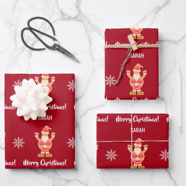 Christmas Gingerbread Brown Santa Personalize Name Wrapping Paper Sheet (Front)