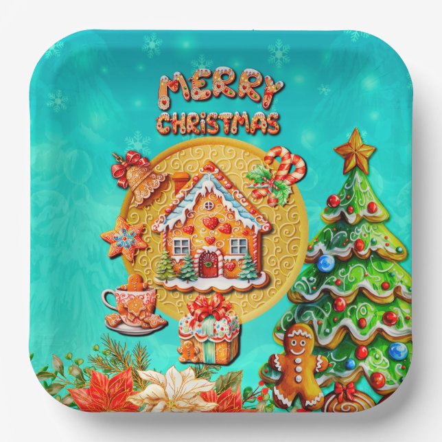 Christmas Gingerbread Candy House, and New Year Paper Plate (Front)