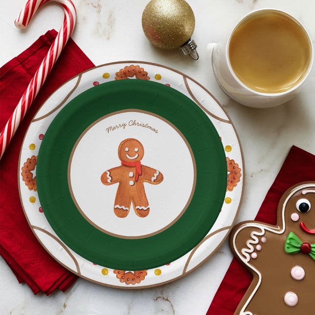 Christmas Gingerbread Cookie Customizable Paper Plate (Cute Christmas Gingerbread Man Paper Plate with Green Border)