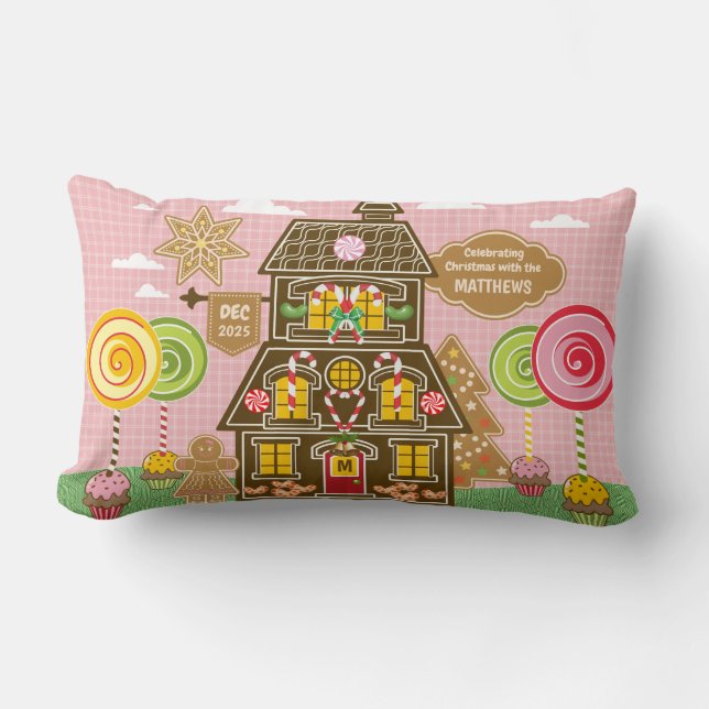 Christmas Gingerbread Cookie House Candy Lollipop Lumbar Pillow (Front)