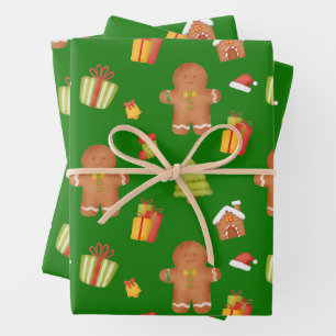 Christmas Gingerbread Cookies and Gifts Green Wrapping Paper Sheet
