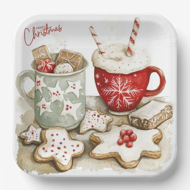 Christmas Gingerbread Cookies and Hot Chocolate  Paper Plate (Front)