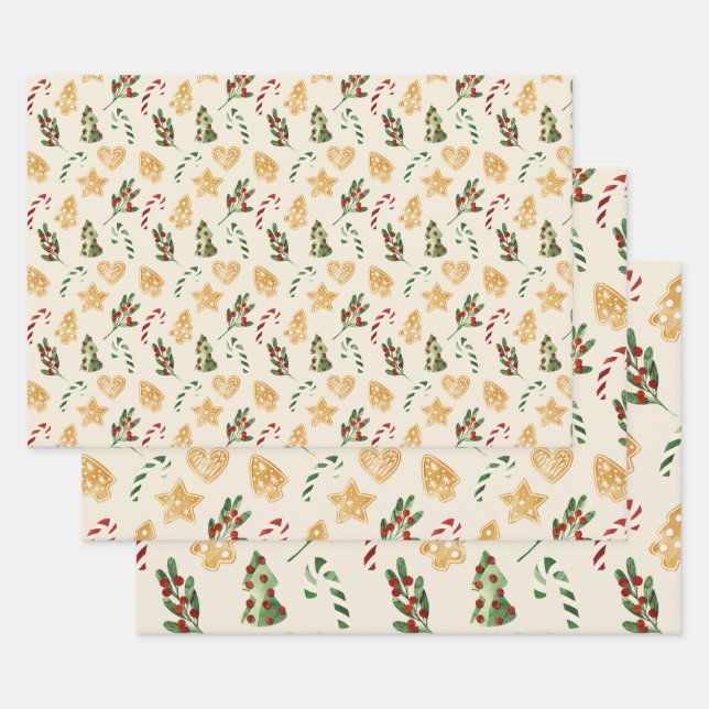 Christmas Gingerbread Cookies Mistletoe Pine Tree Wrapping Paper Sheet (Set)