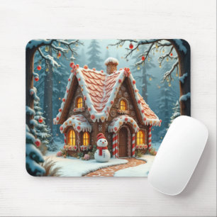 Christmas Gingerbread Cottage With a Snowman Mouse Pad
