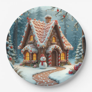 Christmas Gingerbread Cottage With a Snowman  Paper Plate