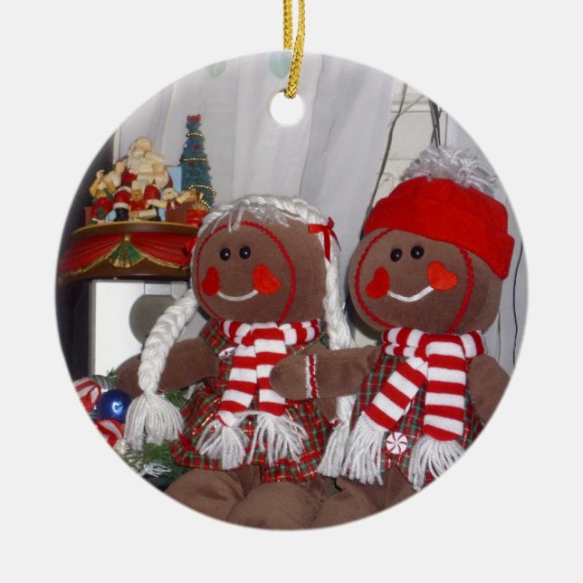 Christmas Gingerbread Couple Plush Stuffed Animals Ceramic Ornament (Front)