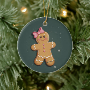 Christmas Gingerbread Girl Pink Bow Coquette Ceramic Ornament